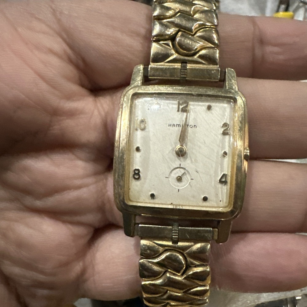 Vintage Hamilton Mens Tank Gold Watch 10k RGP Bezel 12k Band 28mm -Missing Crown